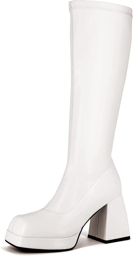 STALOV Platform Gogo Boots for women Knee High Square Toe Tall Boots Block Chunky Heel Stretchy Leather Long Boots (8, White)