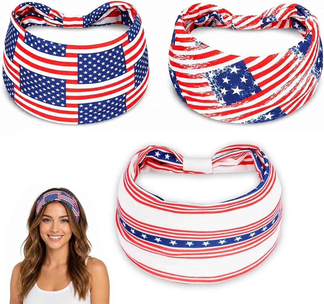 3Pcs 4th of July Headbands for Men Women American Flag Hairband USA Red White Blue Non-Slip Stretchy Sports Headbands for Running Cycling Yoga Fitness Workout