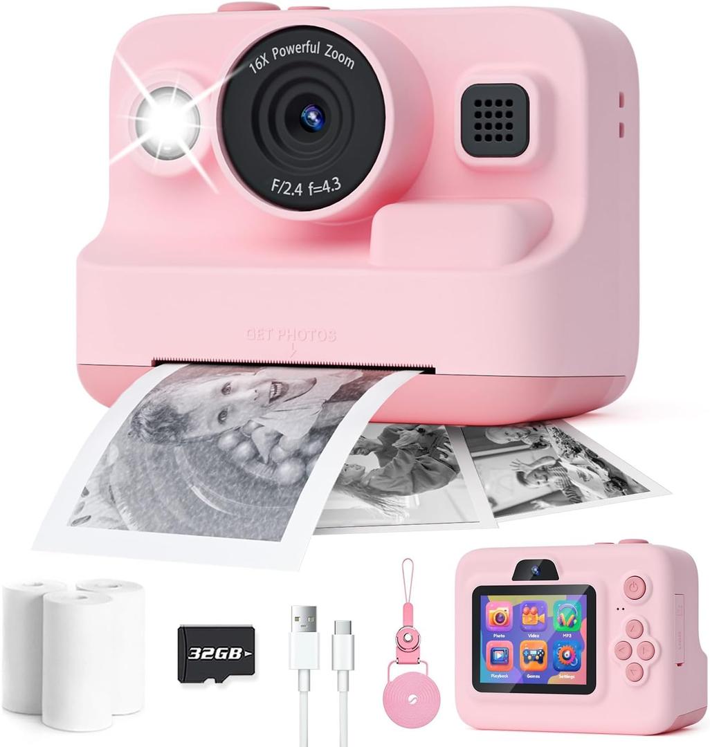 Kids Camera Instant Print,1080P Kids Instant Cameras That Print Photos, Christmas Birthday Gifts for Girls Age 3-12,Portable Toy for 3 4 5 6 7 8 9 10 Year Old Girls Boys Pink