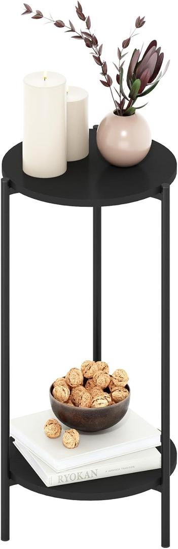 Furinno Besi 2-Tier Modern Tall Round Side End Table with Sturdy Metal Legs, 11.57 (W) x 8.16 (H) x 4.36 (D) inches, Americano