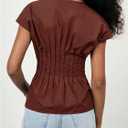 SHENHE Women's Dressy Casual Peplum Blouse Pleated Cinched Waist Short Sleeve Blouse Top, Burgundy (M)
