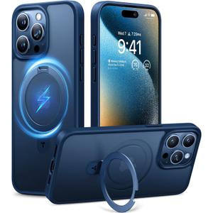 TORRAS Magnetic Ostand for iPhone 15 Pro Max Case, [Military Grade Drop Tested] [Compatible with MagSafe][Build-in Kickstand] Translucent Slim Soft Edge Anti-Fingerprint 6.7" 2023, Blue Titanium