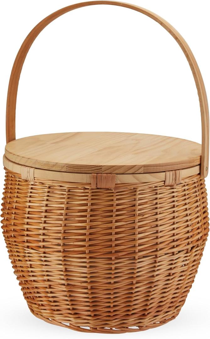 Twine Cask Willow Outdoor Lid and Handle, Insulated, Wicker Basket with Picnic Equipment Set of 1, Brown