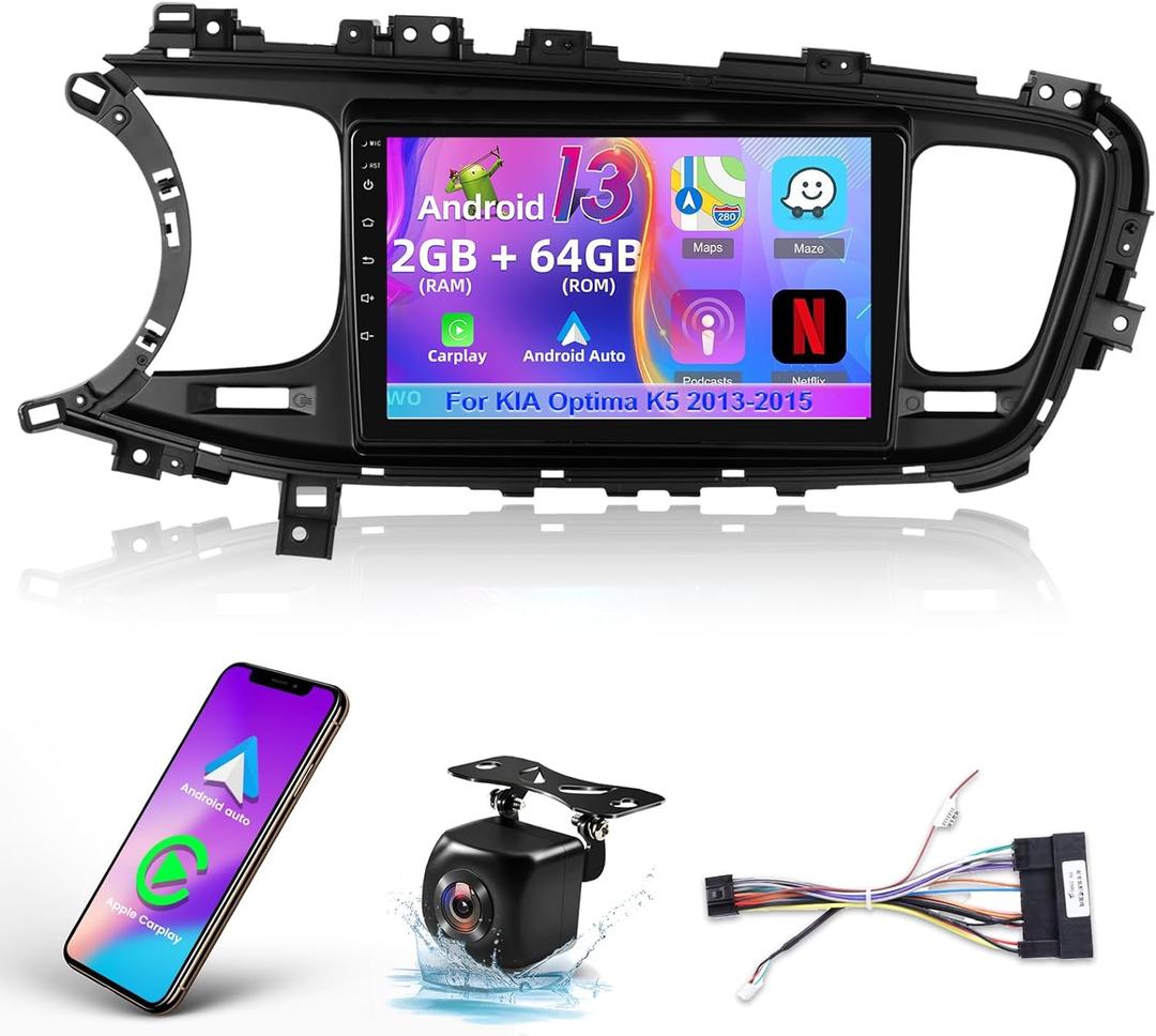 [2+64G] Android 13 Car Stereo Radio for KIA Optima K5 2013 2014 2015-9 Inch HD Touchscreen EQ Audio - Wireless Carplay & Android Auto, Mirror Link, WiFi, GPS, Multi UI, SWC + AHD Backup Camera + Mic