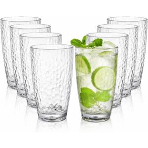 Tebery 8 Pack Plastic Highball Drinking Glasses Plastic Tumbler Cups, 18 Ounces All-Clear Reusable Water Beverage Tumbler Set for Soda, Juice, Iced Tea, Party | Stackable, BPA-Free