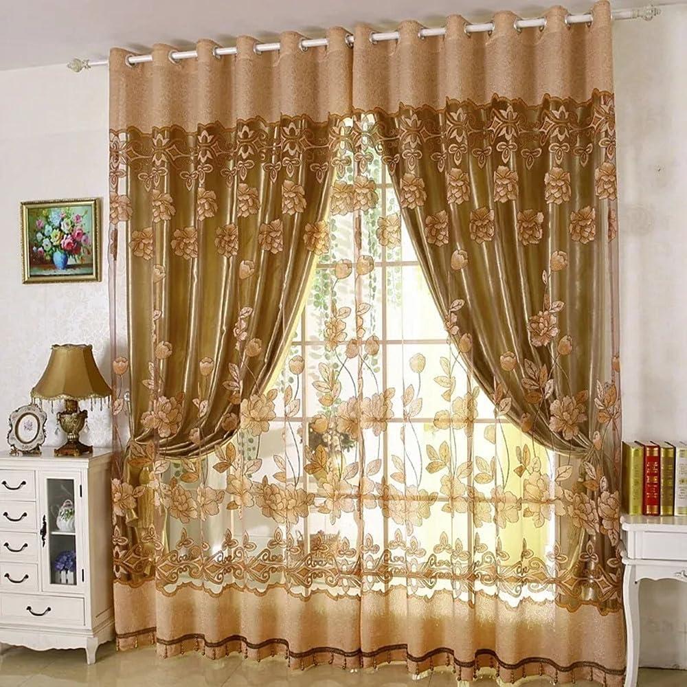 Amidoudou 1 Pair European Double Layer Curtains for Living Room Bedroom Lily Patterned Curtains with Tassel Beads (Brown,54x90 Inch) (54"W x 90"L (Pack of 2))