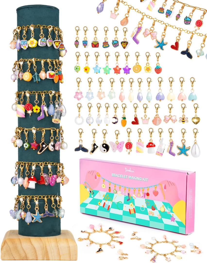 Deinduser Charm Bracelet Making Kit for Girls, Clip on Charms Kit for Bracelets, Charms for Bracelets with Clasp, Chain Bracelet Set for Girls, Ages 5-12