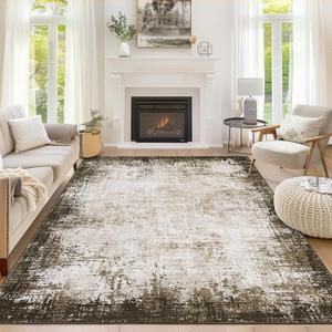 Large 6x9 Area Rugs for Living Room, Modern Bordered Abstract Washable Bedroom Rug Soft Non-Slip Low Pile Boho Area Rug Throw Carpet for Dining Room Home, Brown