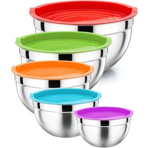 P&P CHEF Mixing Bowls with Airtight Lids Set of 5, 10-Piece Stainless Steel Mixing Nesting Bowl, Metal Bowl with Lid for Kitchen Prepping & Storing, Size 4.6, 3, 1.5, 1, 0.7 QT, Multicolor