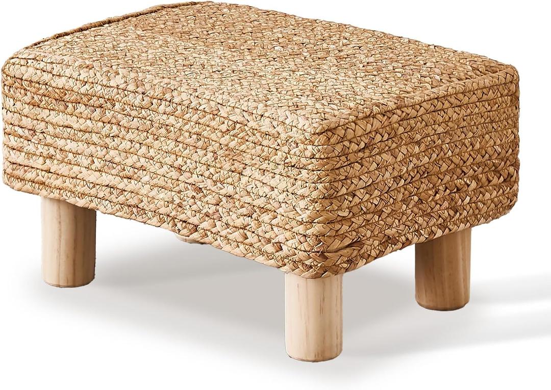 Wimarsbon Natural Seagrass Footstool Ottoman Rectangular Footrest Pouf Ottomans with Wooden Legs Hand Weave Step Stool for Living Room Bedroom Entryway Natural, Pouf 16"x12"x6"