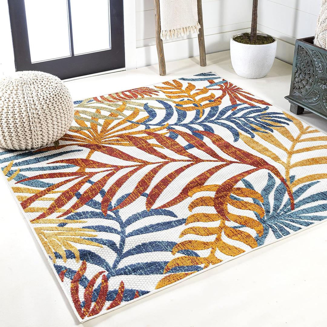 JONATHAN Y Tropics Palm Leaves Indoor Outdoor Square Area Rug 5X5 Cream/Orange, Boho for Backyard, Patio, Porch, Easy-Cleaning, High Traffic, Pet-Friendly, Non-Shedding (AMC100B-5SQ)