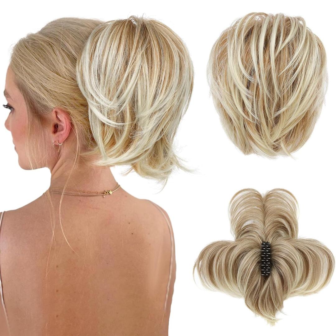 HOOJIH Messy Bun Hair Piece, Claw Clip in Straight Hair Bun 9 Inch Short Ponytail Extension with Bendable Metal Wire Hair Pieces for Women Fake Hair Bun - Deep Blonde with Light Blonde Tails