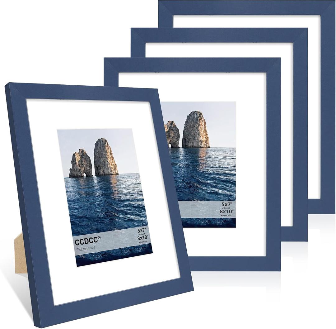 8x10 Picture Frame Set of 4, 8 x 10 Wood Photo Frames with Mat for 5x7, Natural Wooden Frame with Real Glass Cover for Wall and Tabletop Display,Blue