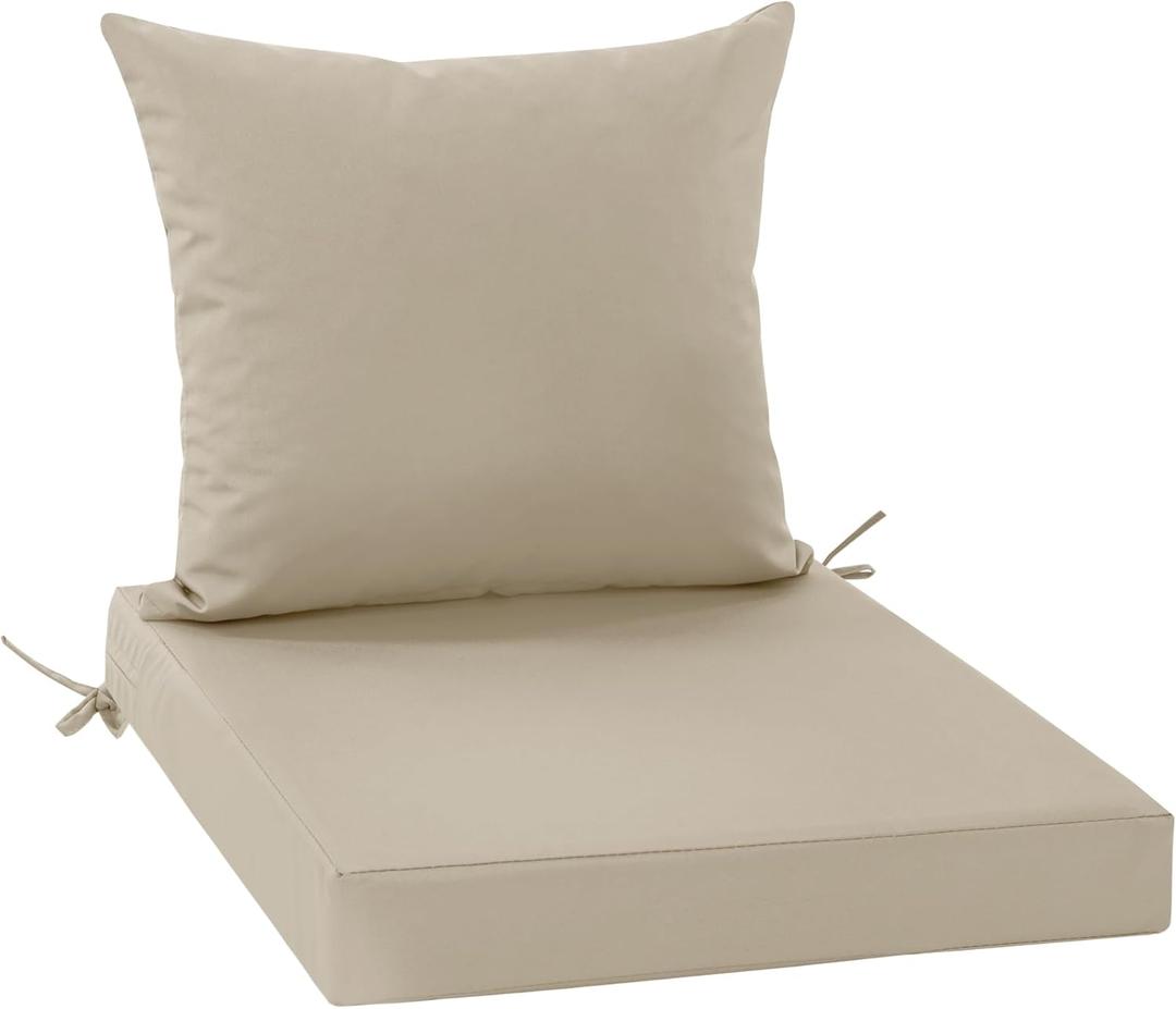 Outdoor Chair Cushions, Waterproof Backrest and Deep Seat Cushion Set for Patio Furniture, Outdoor Sofa Replacement Cushions with Removable Cover, 24 x 24 Inch, Cream, 1 Set