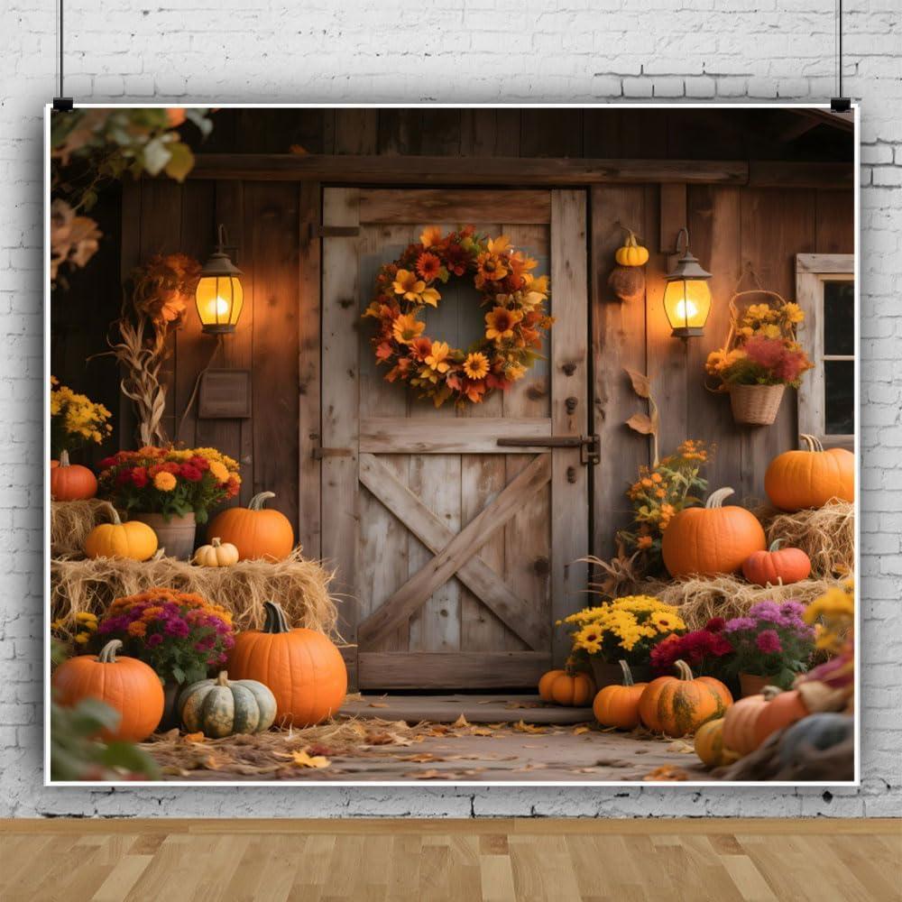 10x8ft Fall Backdrops for Photography Glitter Rustic Wooden Barn Door Fall Photo Backdrop Hay Bales Flowers Pumpkins Autumn Harvest Background Warm Thanksgiving Decorations for Outside (Brown)