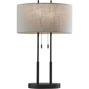 Adesso Duet Table Lamp with Dual Pull Chains, Antique Bronze Finish, Taupe Fabric Shade 27 Tall, Versatile Bedside Table or Desk Lamp