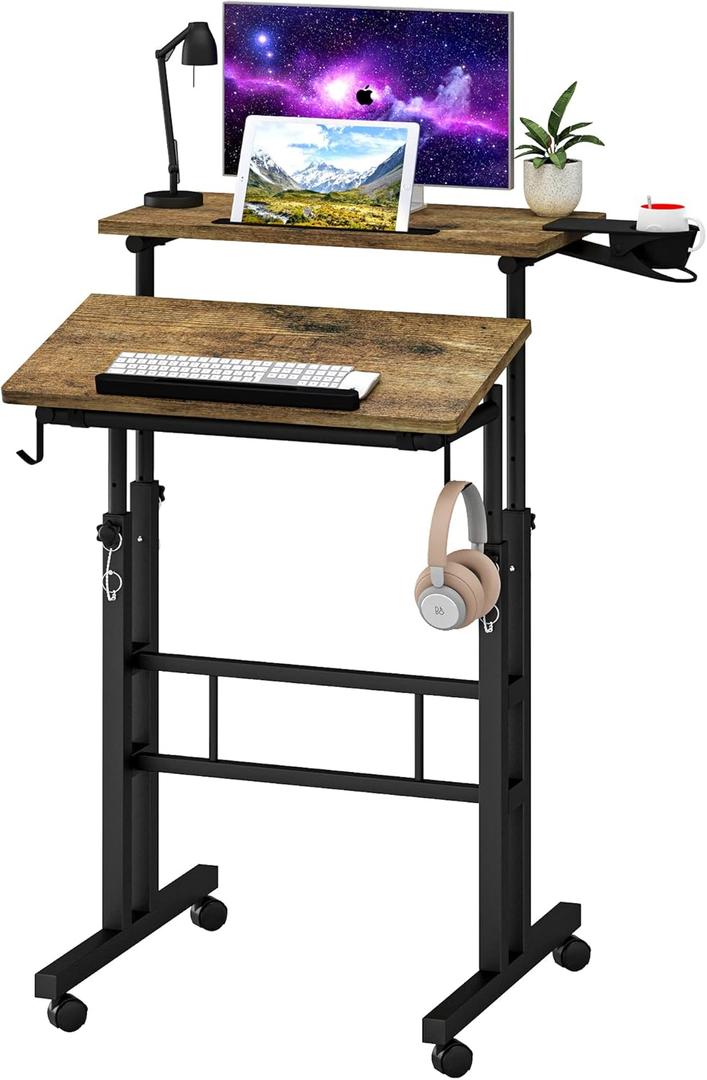 Klvied Rolling Mobile Desk with Cup Holder, Portable, Adjustable Height Small Stand up Desk on Wheels for Home Office Laptop Cart, Computer, Standing or Sitting, Oak
