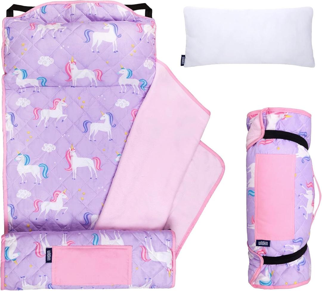 Wildkin Quilted Kids Nap Mat Soft Microfiber with Pillow & Elastic Straps for School & Travel