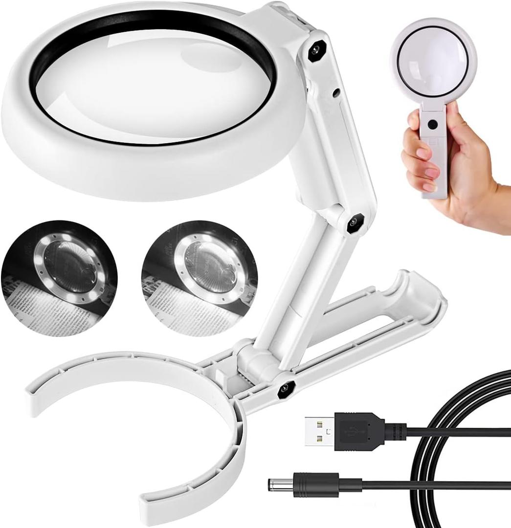 30X 10X Magnifying Glass with Light and Stand, Foldable Handheld Magnifying Glass & 2 Level Dimmable for Macular Degeneration, Seniors Reading, Close Work, Coins, Jewelry, Powered by Battery or USB