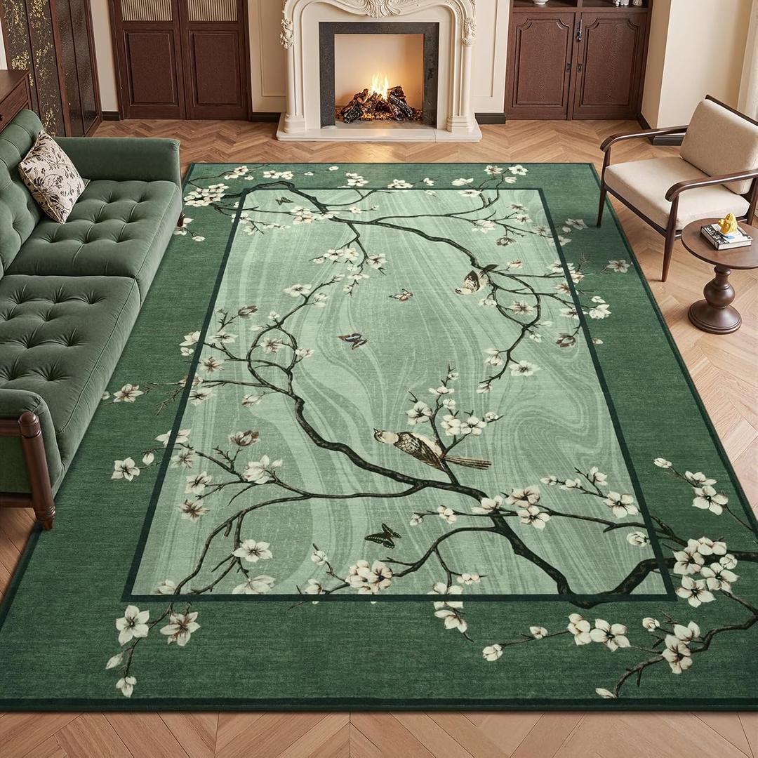 4x6 Area Rug for Living Room, Oriental Floral Birds Washable Rugs for Bedroom, Soft Low Pile Non Slip Carpet for Dining Room Kids Room Nursery Office Home Decor, Teal