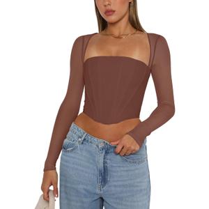 REORIA Women Fall Mesh Long Sleeve Boned Ruched Square Neck Corset Night Out Slim Fitted Sexy Bustier Tops Valentines Day Shirts (Coffee Small)