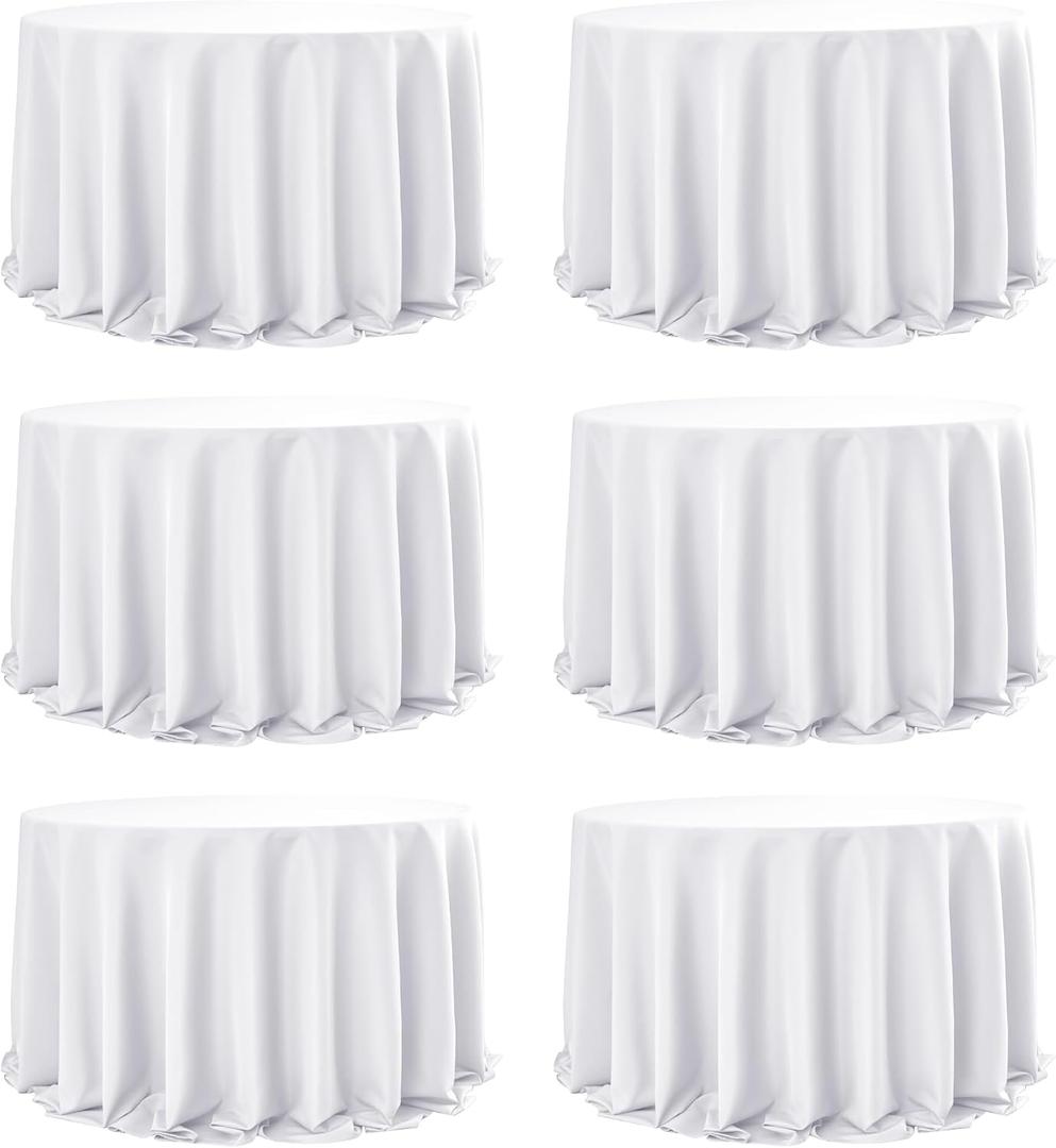 6-Pack White Round Tablecloths, 132 Inches, Stain-Resistant Polyester for 6-8 Ft Round Tables - Washable Table Covers for Weddings, Banquets, Birthday Parties, Events