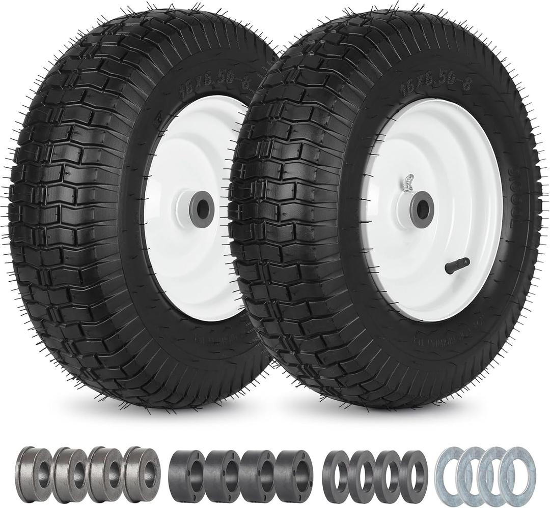 16x6.50-8 Riding Lawn Mower Rubber Tire and Wheel, 2 Pcs Replacement 16x6.5-8nhs Garden Tractor Lawnmower Tyre, with 3/4" & 5/8" Bushing, 3"-4.5" Centered Hub