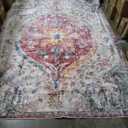 9x12 Rug, Washable Vintage Boho Carpet, Non Slip Low Pile Water Repellent Soft Print Pattern Indoor Rug for Living Room & Bedroom, Beige Rose Red Pink