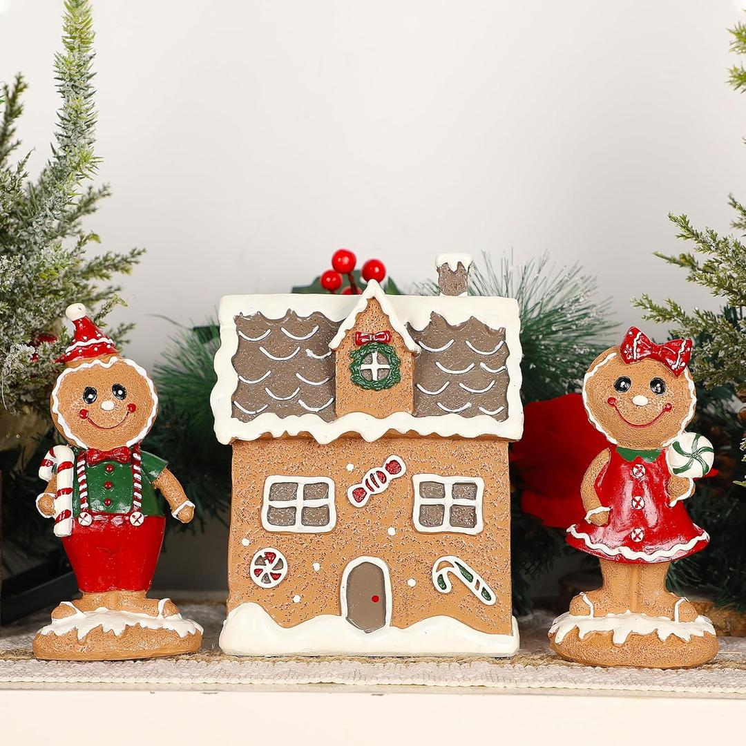 Lulu Home Christmas Tabletop Decorations, Resin Gingerbread House and 2 Gingerbread Men Figurines Adorn with Candy Cane Wreath for Indoor Holiday Fireplace Shelf Ornaments Display