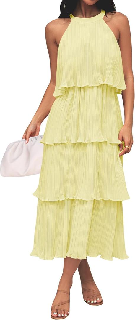 ZESICA Women's 2025 Summer Sleeveless Halter Neck Ruffle Tiered Layed Chiffon Flowy Swing Long Midi Dress (Lightyellow), S
