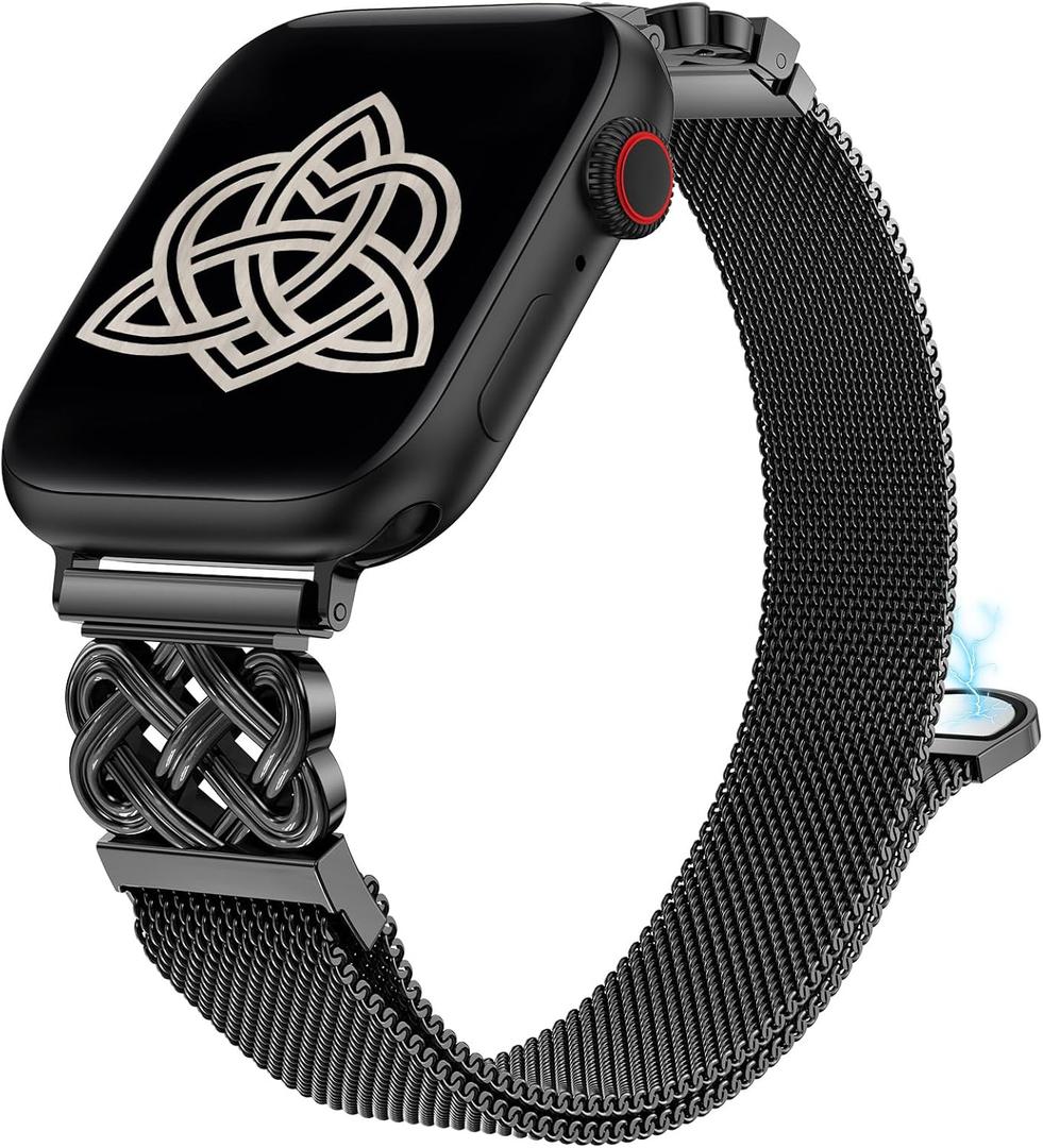 BEEXI Stainless Steel Magnetic Loop Compatible with Apple Watch Band 42/ 41/ 40/ 38mm Women Metal Mesh Celtic Knot Dressy Strap for iWatch SE Series 10/ 9/ 8/ 7/ 6/ 5/ 4/ 3/ 2/ 1/ Ultra(1/ 2) Black