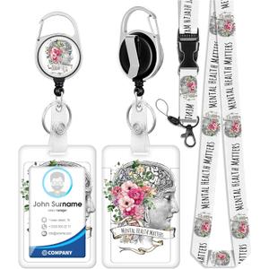 Plifal ID Badge Holder with Lanyard and Retractable Medical Badge Reel Belt Clip, Mental Health Matters Psychology Doctor Key Keychain Lanyards Clip On Badge Extender Vertical ID Sleeve for Women Men