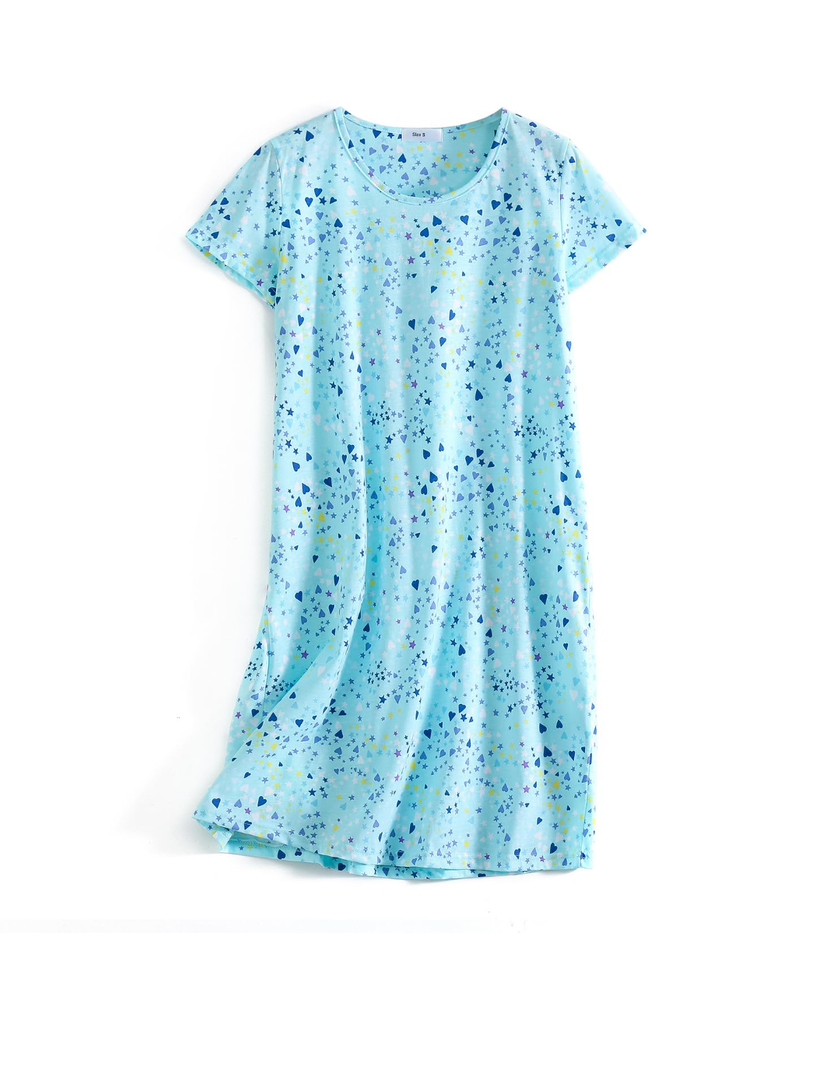 SISKIN Nightgowns for Women Cotton Sleep Shirts Womens Nightgown Short Sleeves Print Night Shirts Soft Sleepwear (Medium, Blue Heart Star)