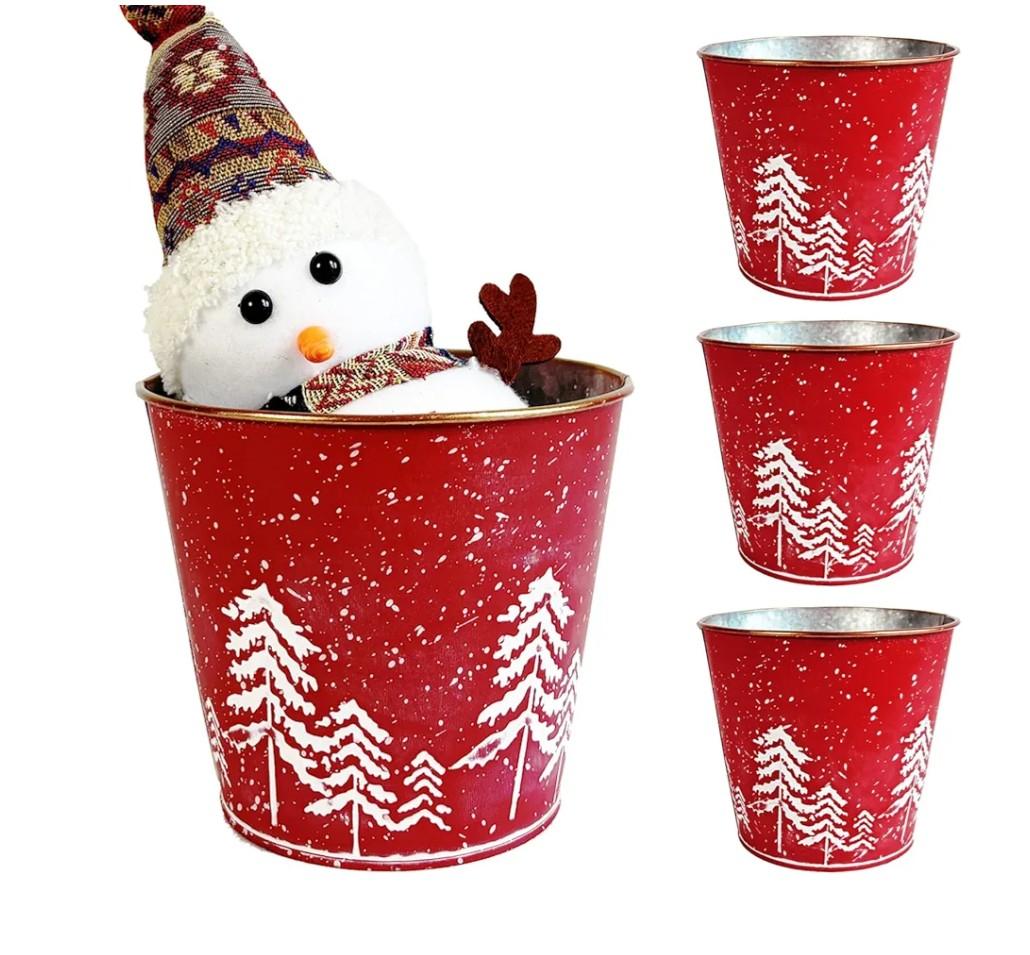4 Pcs Christmas Metal Buckets for Gifts, 5.7" Red Galvanized Tin Candy Bucket Beverage Tub for Xmas Decor Home Storage Table Centerpiece, Farmhouse Pails Christmas Tree Planter Pot (Christmas Tree)