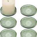 Glass Pillar Candle Holder, 4" Green Candle Plates Set of 6, Glass Candle Holders for Wedding, Party, Holiday, Home Decor, Table Centerpiece