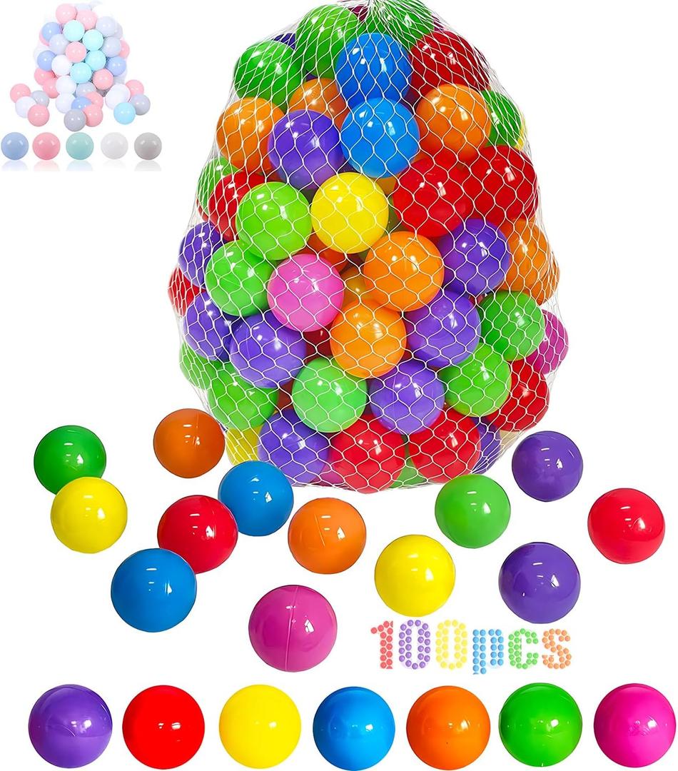 LANGXUN 50 100 200 400 Soft Plastic Ball Pit Balls for Kids, Gift for Baby Toddler Birthday Christmas, Ball Pit Play Tent, Baby Kiddie Pool Water Toys, Party Decoration (100 Balls, 7 Rainbow Colors)