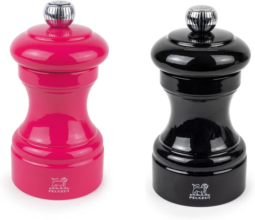 Peugeot Bistro Pepper and Salt Mill Set, 4in - Essential Kitchen Tools with Adjustable Grinding Precision, Beechwood Mills - Enhance Flavors in Everyday Cooking (Pink/Black)