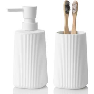 YAUKPH Bathroom Accessories Set 2 Piece Soap Dispenser and Toothbrush Holder for Bathroom Countertop Striped White