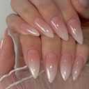 Ombre Acrylic Press on Nails Almond Medium Acrylic Nails Press Ons Full Cover Glue on Fake Nail with Silver Glitter Designs Pink Ombre Artificial Stick on False Nail for Women