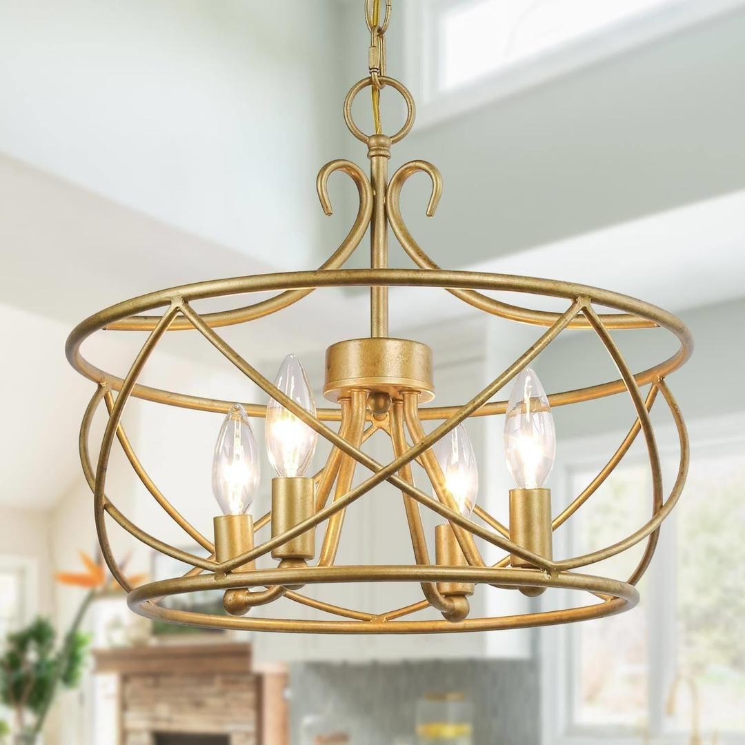Gold Chandelier, Modern Drum Chandeliers 4-Light Fixtures Hanging with with Antique Gold Finish for Dining Room, Living Room, Bedroom, Foyer and Kitchen