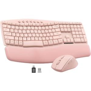 Pink Quiet Wireless Keyboard and Mouse Combo, 2.4G Ergonomic Wave Key Board with Cushioned Plam Rest, Full-Size Soft Typing Keyboards, 3 DPI Adjustable Silent Mouse for Computer/Laptop/Windows/Mac