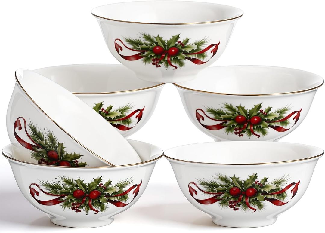 Teenyyou 6 Set Christmas Ceramic Bowl 9.5 oz Small Serving Bowls Holiday Dinnerware for Soups Desserts Snacks Cereal Rice Dips (Holly Berries)