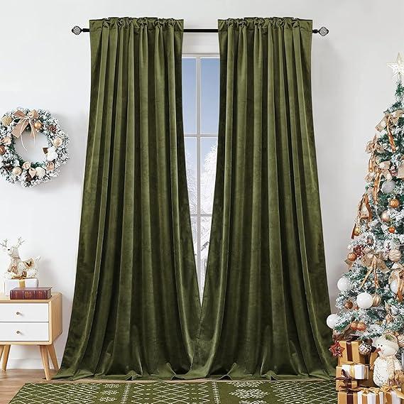 Dchola Olive Green Velvet Curtains for Bedroom Window, Super Soft Vintage Luxury Heavy Drapes, Room Darkening Rod Pocket Curtain for Living Room, W52 by L84 inches, 4 Panels