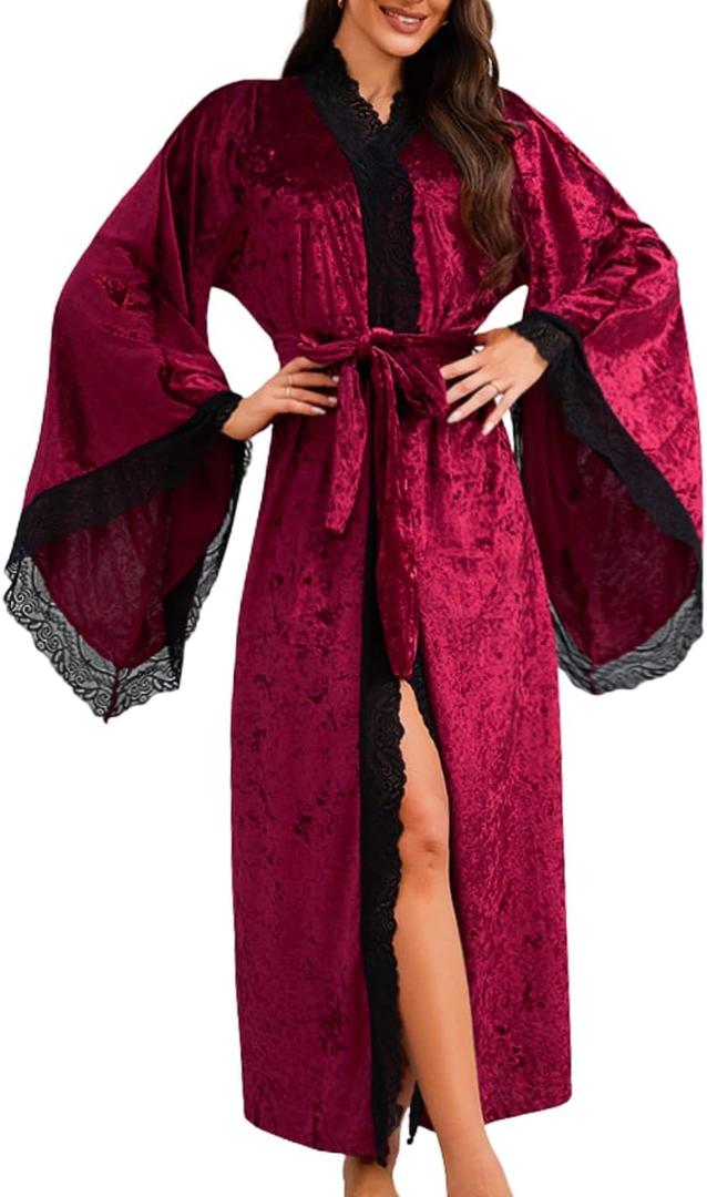 Silk Long Robe For Women, Satin Lace-Trim, Bride Wedding-Night, Bridal Bridesmaid Kimono Robes Lightweight (Medium, Velvet Burgundy)
