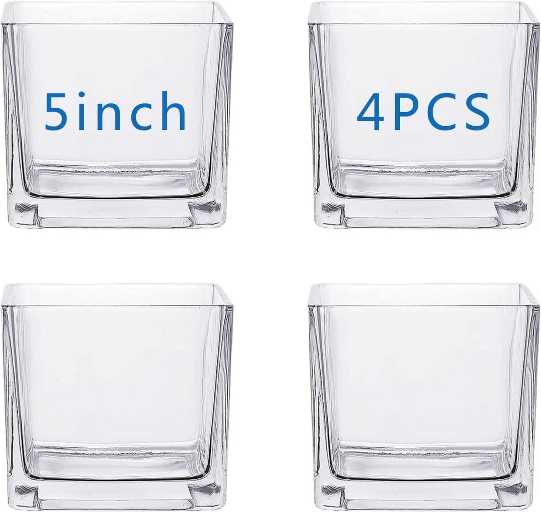 Square Glass Vases 5x5 Inch Clear Cube Flower Vase 4PCS for Wedding Centerpiece Candle Holder Home Decor Square Shape Flower Vase,Centerpieces