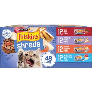 Purina Friskies Wet Cat Food Variety Pack, Shreds With Beef, Turkey and Cheese Dinner, Chicken and Salmon Dinner, and With Ocean Whitefish and Tuna - 48 ct. Can (16.5 Pound (Pack of 1))
