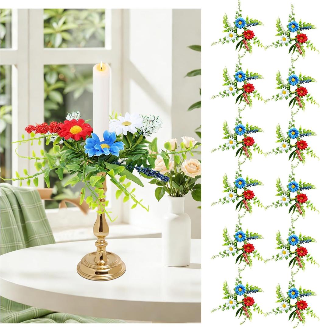 12 PCS Patriotic American Taper Candle Rings Wreaths 1.38" Mini 4th of July Floral Taper Candle Holder with Daisy Artificial Independence Day Table Centerpieces Wreath for Home Candlesticks Decor
