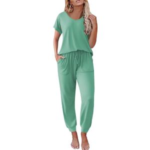 Ekouaer Pajama Sets for Women 2 Piece Lounge Sets Short Sleeve Pullover Top and Jogger Pants Pjs Sleepwear Tracksuit S-XXL (Gray Green)