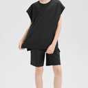 DANI CHINS Boys Loose Athletic Shirt and Shorts Set Kid Outfit with Pockets (Black)