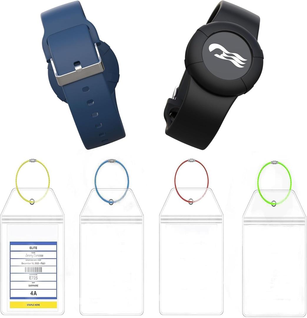 2-Pack Princess Cruise Medallion Holder Accessories & 4-Pack Waterproof Cruise Luggage Tag - Zip Seal Pouch for Carnival Ocean Medallion (2023, 2024, 2025) with 4 Colors Steel Loops, Black/Blue